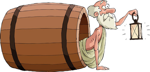 Cartoon of Diogenes sitting in a barrel and holding a lantern